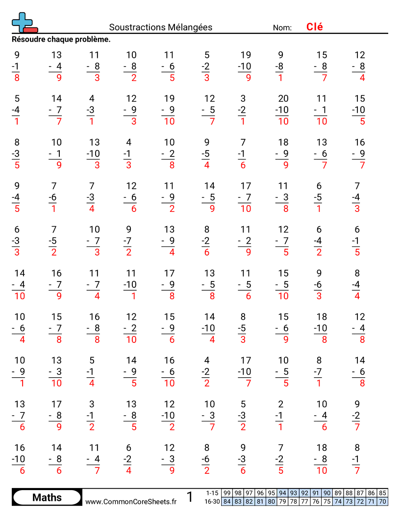 Fiches d'Exercices de Soustractions - mixte worksheet