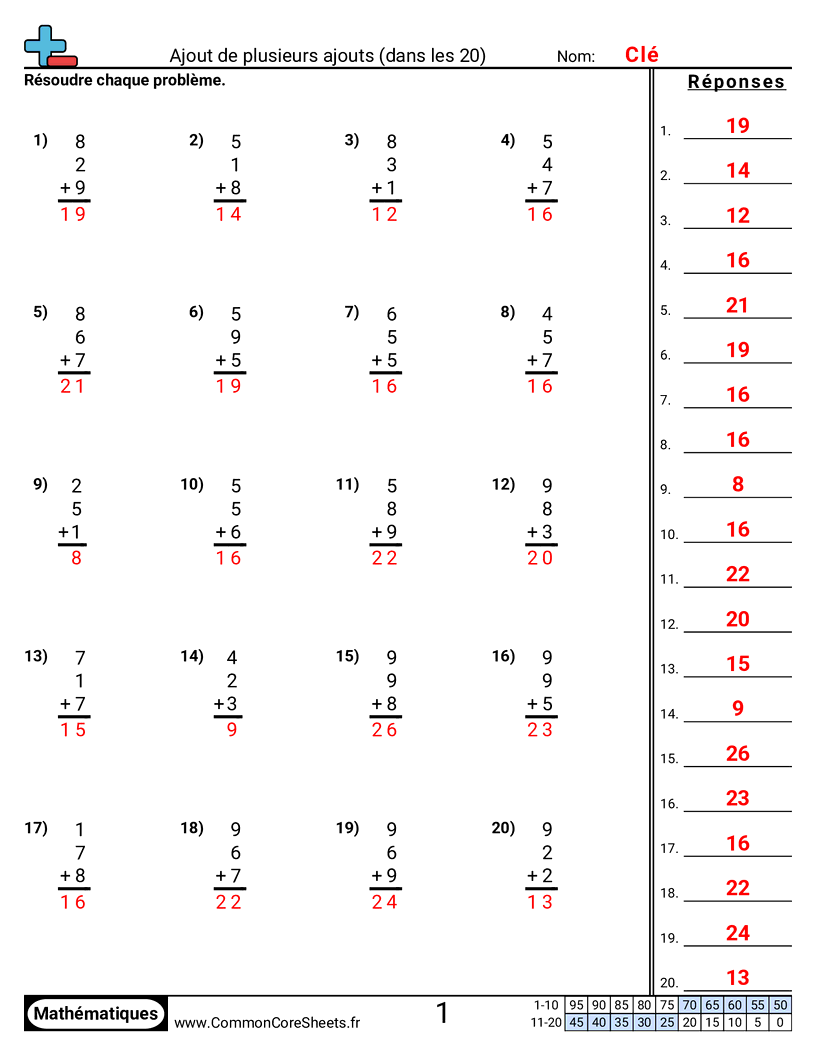Fiches d'Exercices d'Additions - Additionner plusieurs addends (3 addends < 20) (horizontal) worksheet