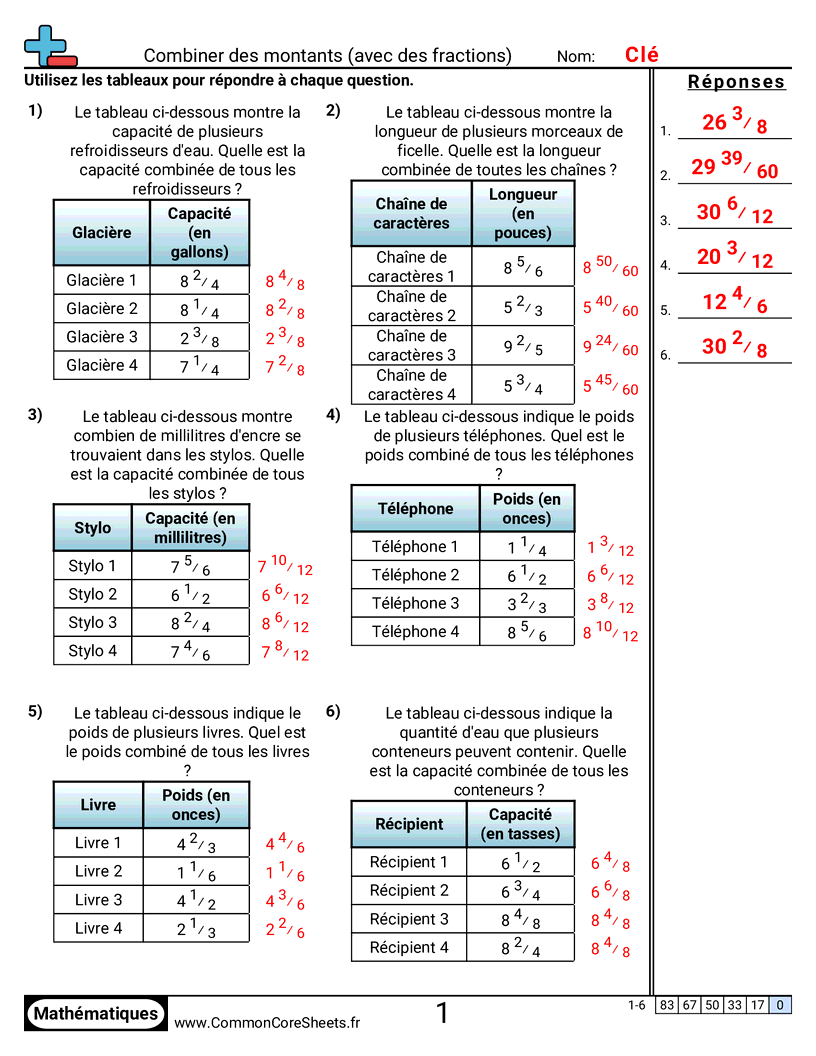 Fiches d'Exercices avec Fractions - Combiner des quantités worksheet