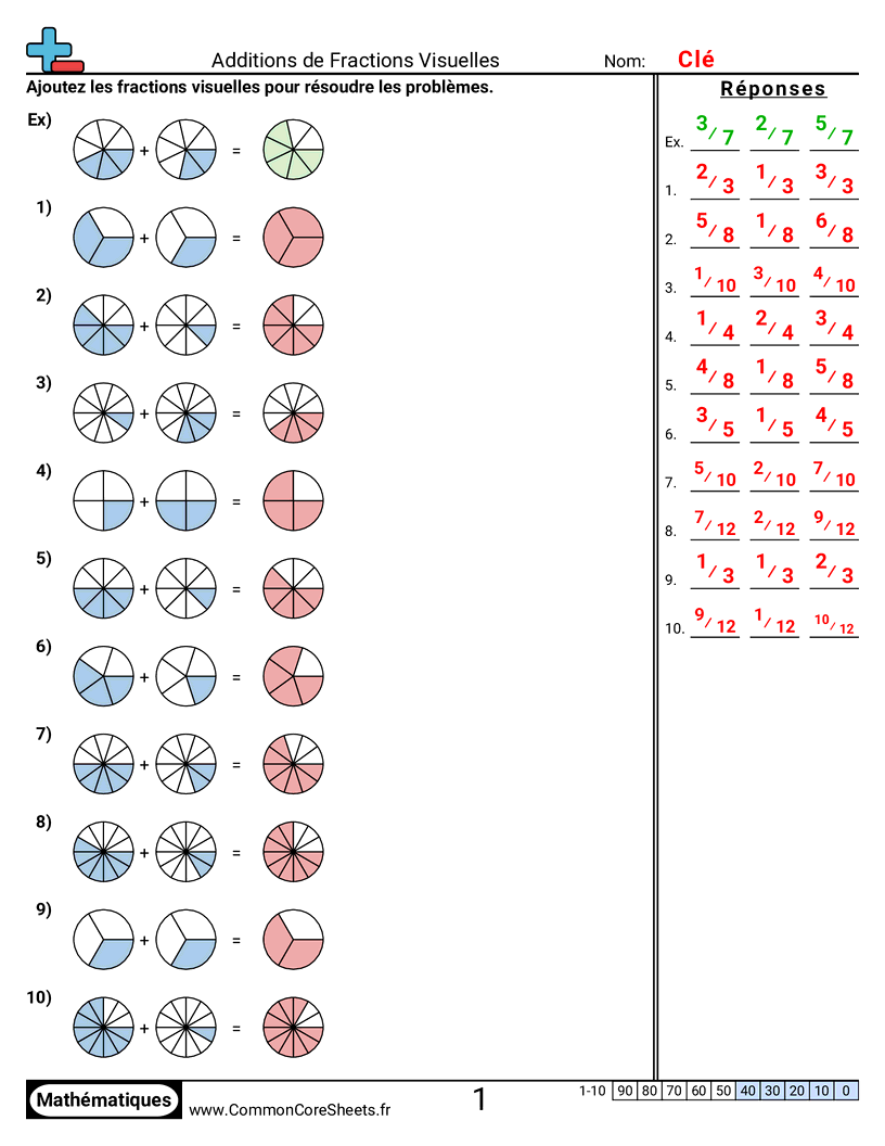 Fiches d'Exercices avec Fractions - Additionner des fractions (visuel) (combiner) worksheet