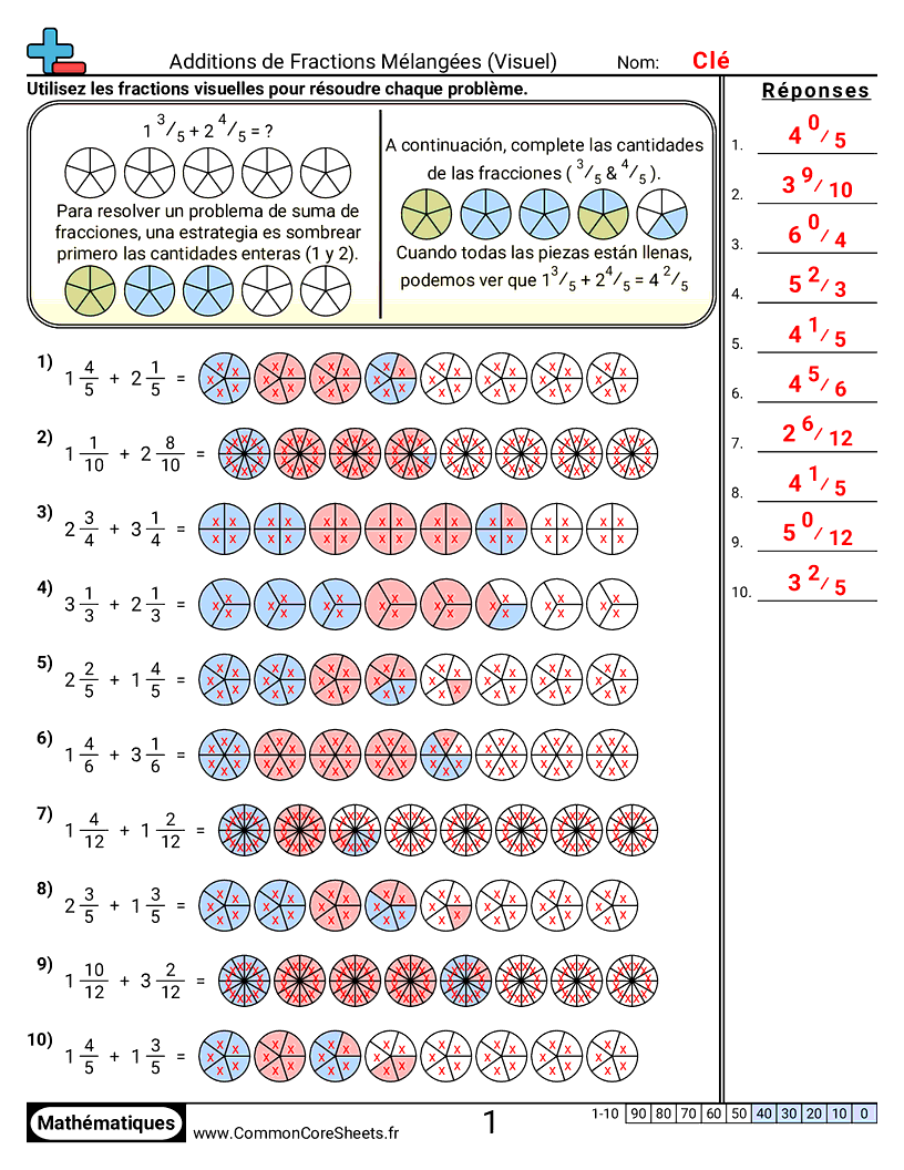 Fiches d'Exercices avec Fractions - Additionner des fractions mixtes (visuel) worksheet