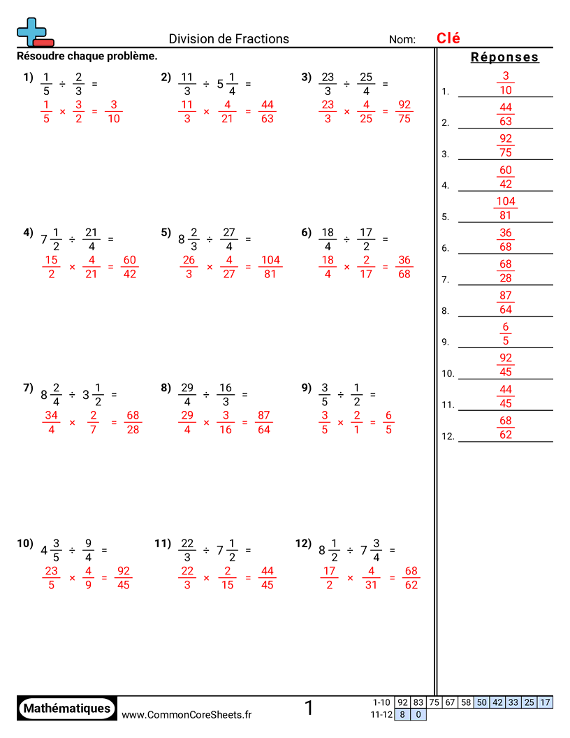 Fiches d'Exercices avec Fractions - Diviser des fractions worksheet