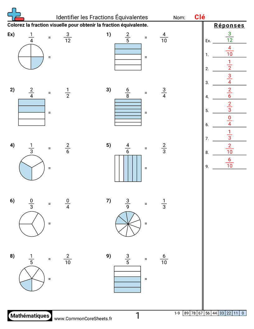 Fiches d'Exercices avec Fractions - Trouver une fraction équivalente (visuel) worksheet