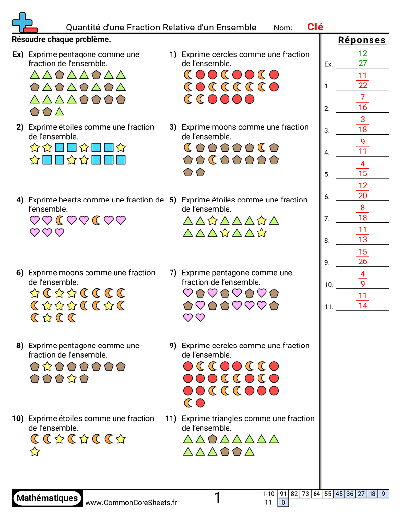 Fiches d'Exercices avec Fractions - Fraction d’un tout (visuel) worksheet