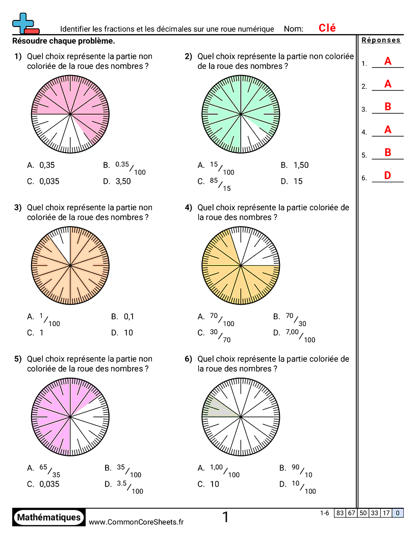Fiches d'Exercices avec Fractions - Identifier fractions et décimaux sur une roue numérique worksheet