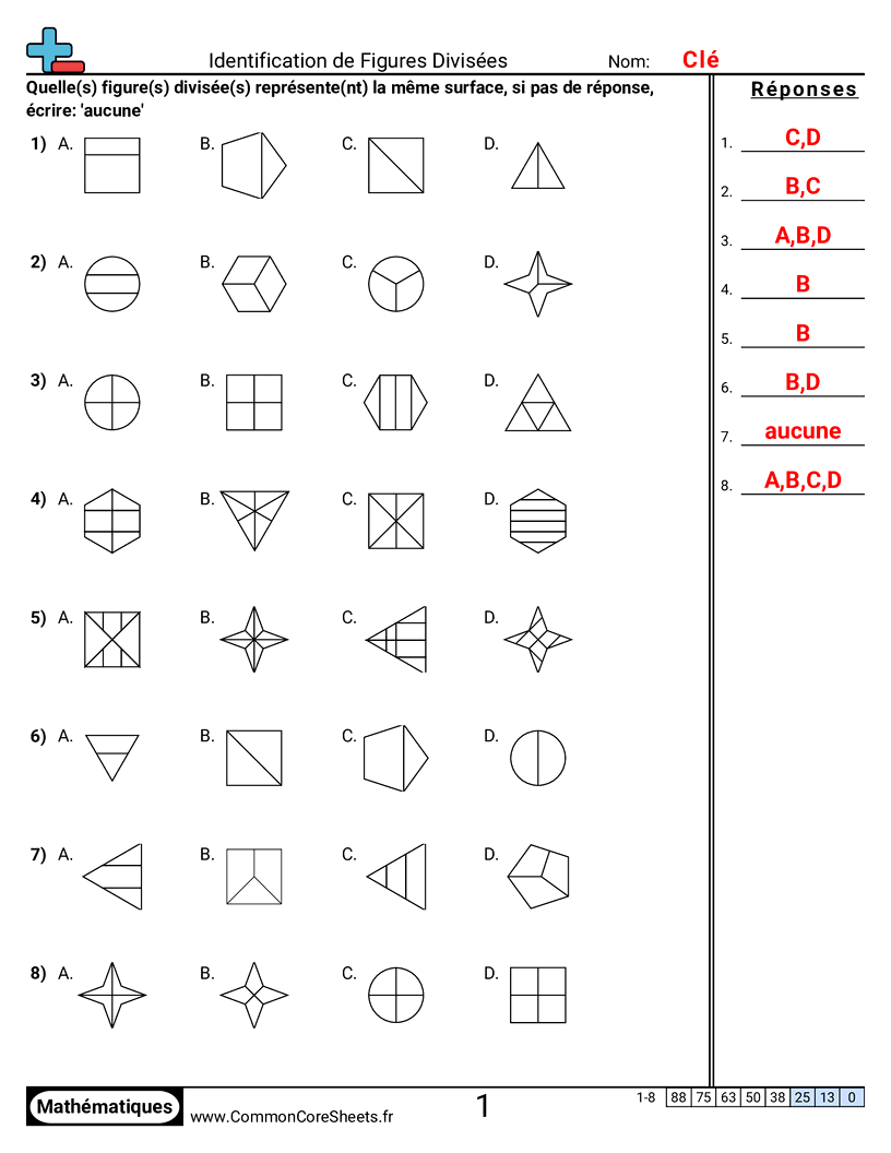 Fiches d'Exercices avec Fractions - Identifier des formes partitionnées worksheet