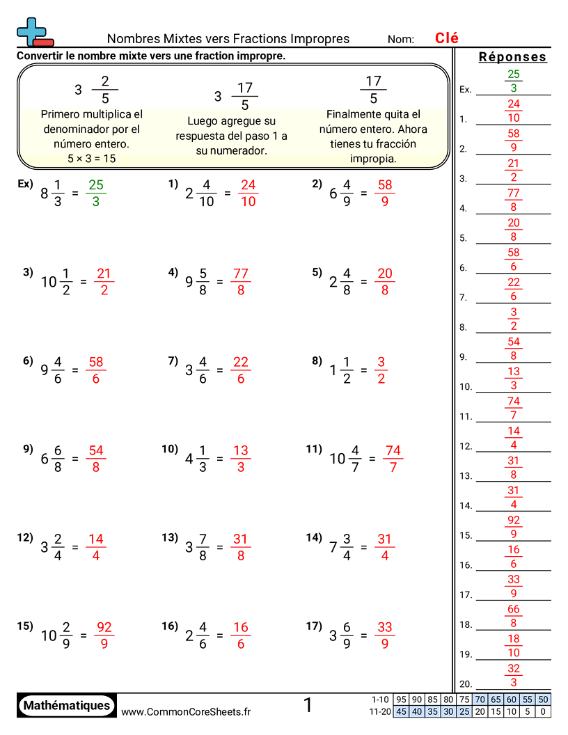Fiches d'Exercices avec Fractions - Fraction mixte vers impropre worksheet