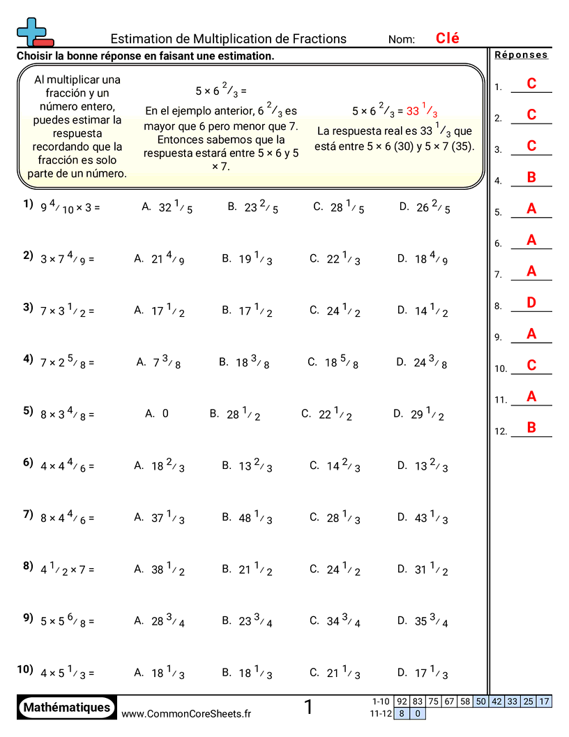 Fiches d'Exercices avec Fractions - Estimer une multiplication de fractions worksheet