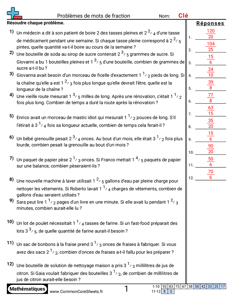 Fiches d'Exercices avec Fractions - Multiplier des fractions worksheet