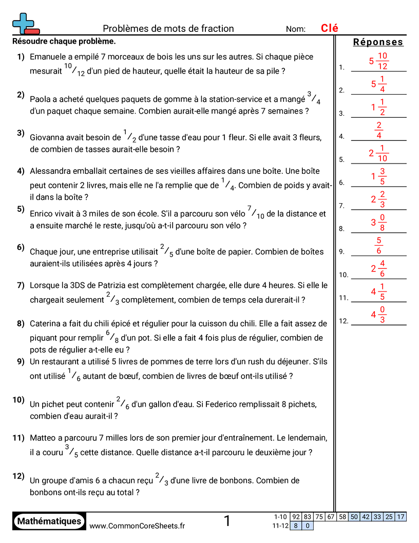 Fiches d'Exercices avec Fractions - Multiplier une fraction par un entier (problèmes) worksheet