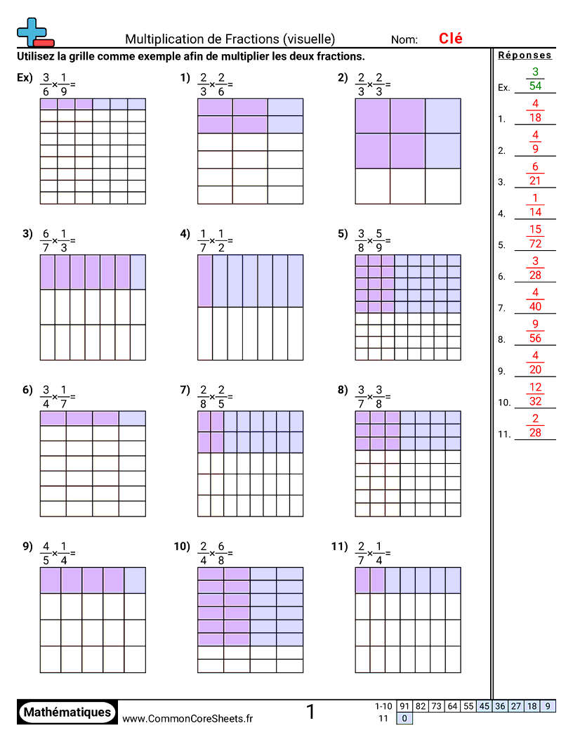 Fiches d'Exercices avec Fractions - Multiplier des fractions (visuel) worksheet