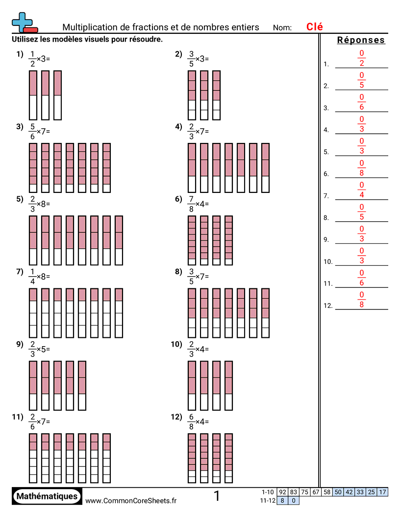 Fiches d'Exercices avec Fractions - Multiplier fractions et nombres entiers worksheet
