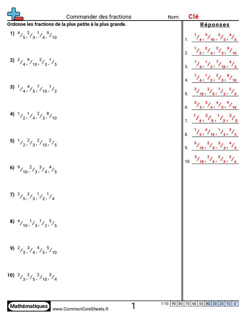 Fiches d'Exercices avec Fractions - Ordonner des fractions worksheet