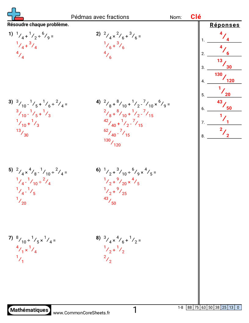 Fiches d'Exercices de Priorité des Opérations - Priorité des opérations (PEDMAS) avec fractions worksheet