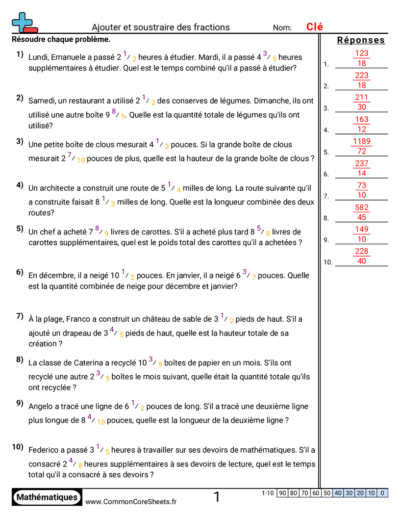 Fiches d'Exercices avec Fractions - Problèmes (dénominateurs différents) worksheet