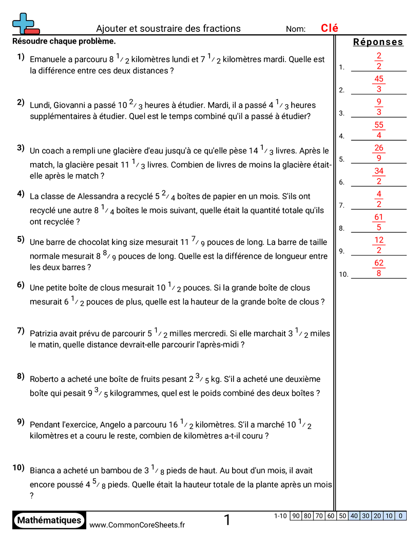 Fiches d'Exercices avec Fractions - Problèmes (même dénominateur) worksheet