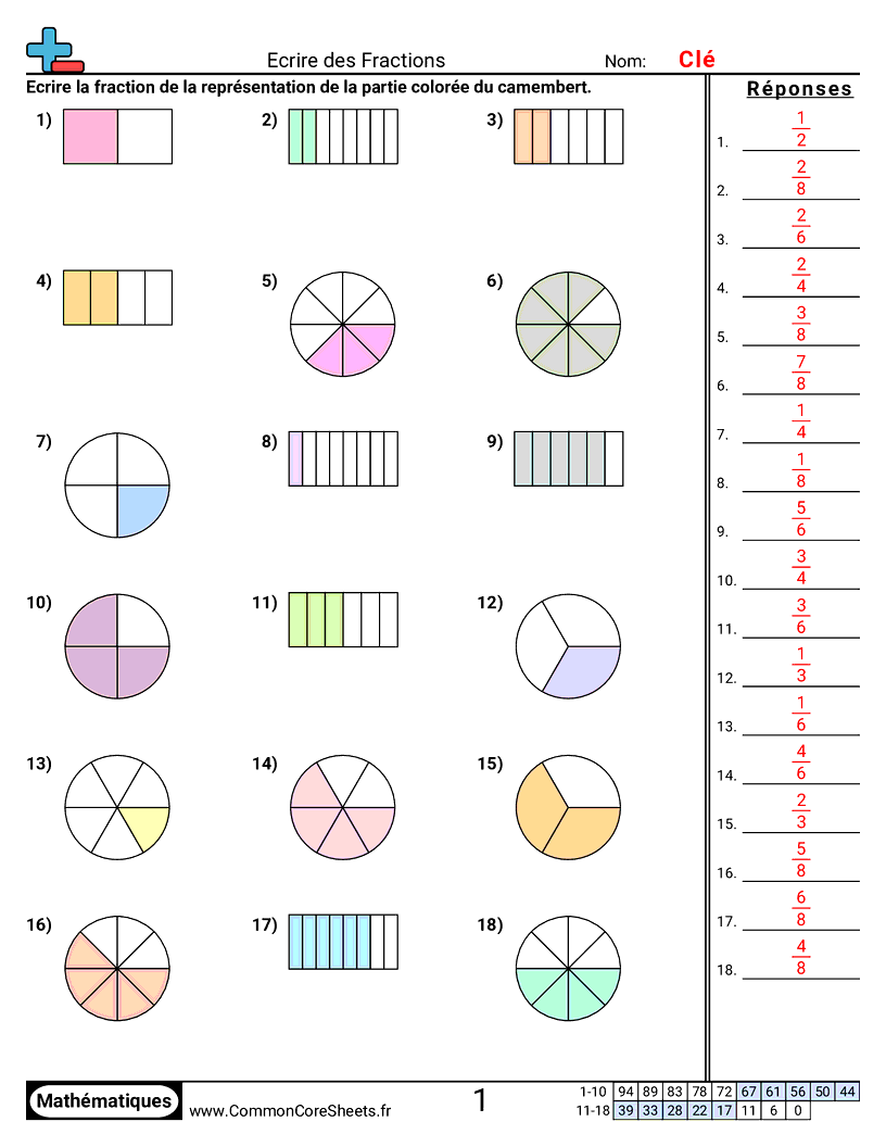 Fiches d'Exercices avec Fractions - Écrire des fractions worksheet