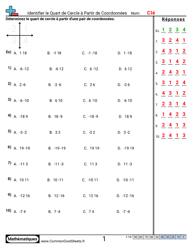 Fiches d'Exercices avec Repères Graphiques - trouver-le-quadrant-a-partir-des-coordonnees worksheet