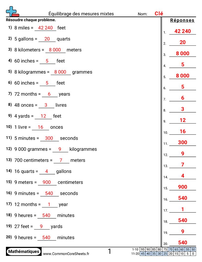 Measurement Fiches d'Exercices sur la Mésure - equilibrer-des-mesures-mixtes worksheet