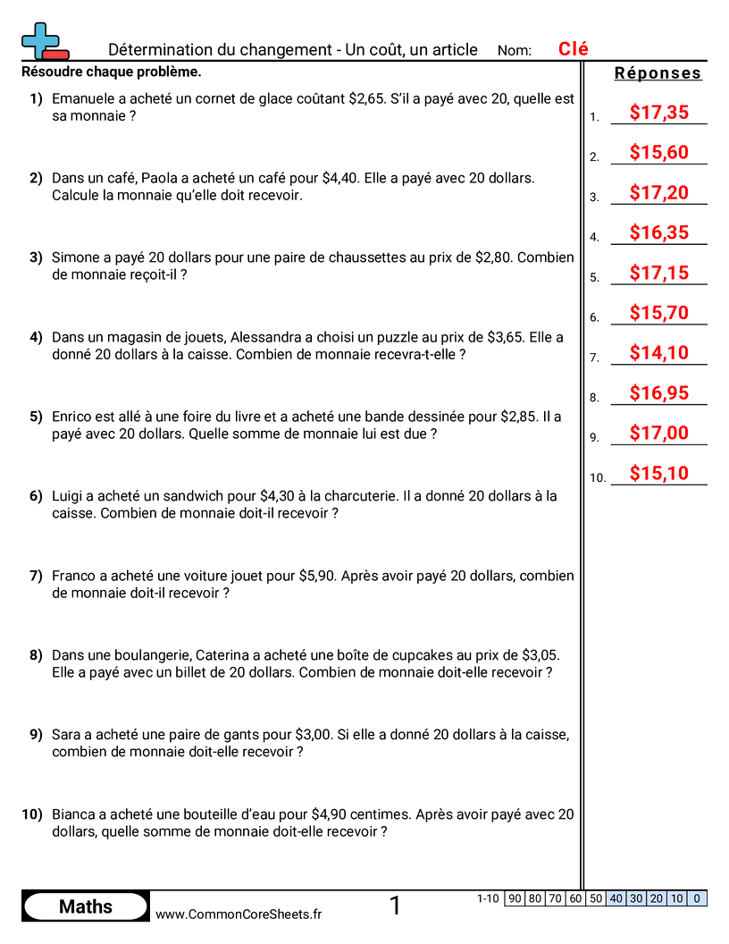 Fiches d'Exercices sur la Monnaie - un-article-un-prix worksheet