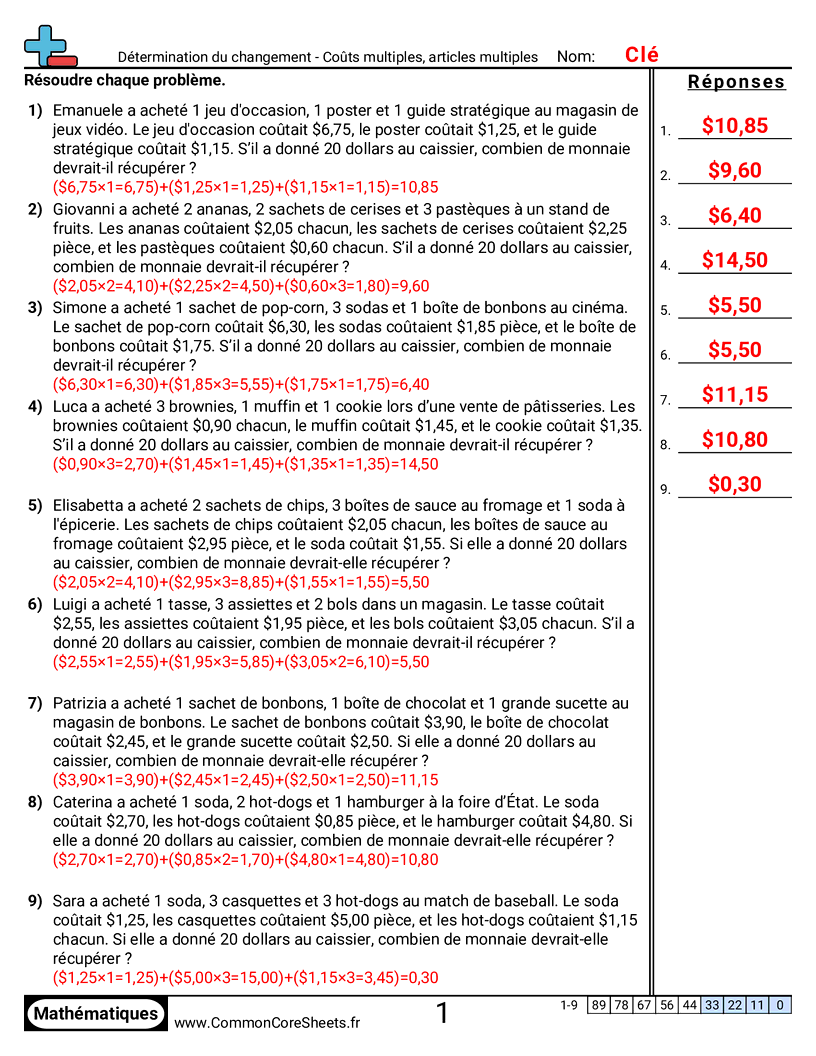 Fiches d'Exercices sur la Monnaie - plusieurs-articles-plusieurs-prix worksheet