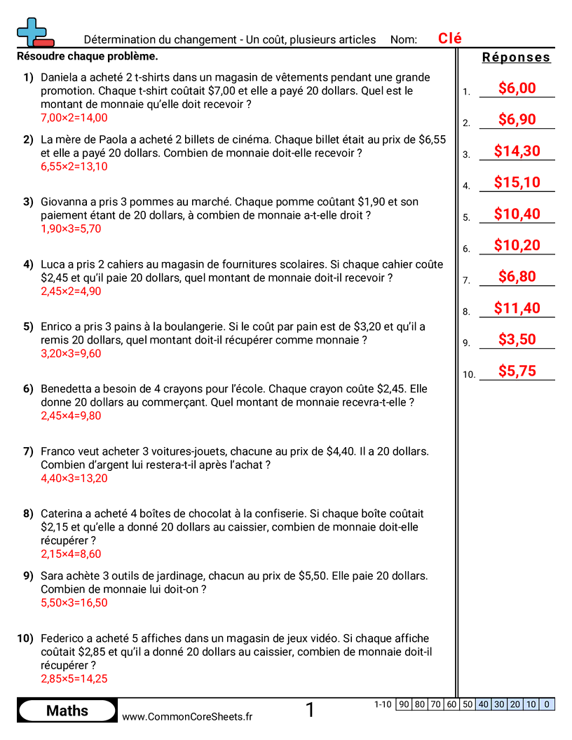 Fiches d'Exercices sur la Monnaie - un-article-un-prix worksheet