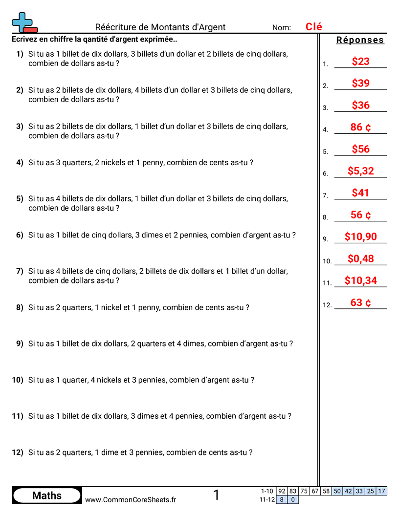 Fiches d'Exercices sur la Monnaie - trouver-des-montants-dollars-et-cents worksheet