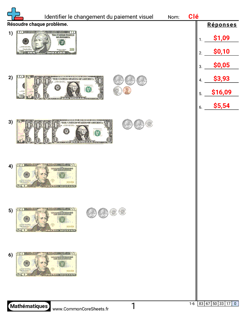 Fiches d'Exercices sur la Monnaie - Identifier la monnaie à rendre à partir d’un paiement visuel worksheet