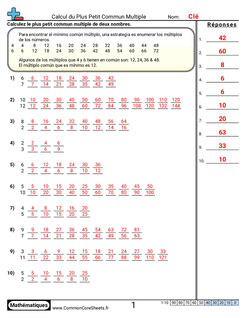 Fiches d'Exercices de Multiplications - trouver-le-ppcm worksheet