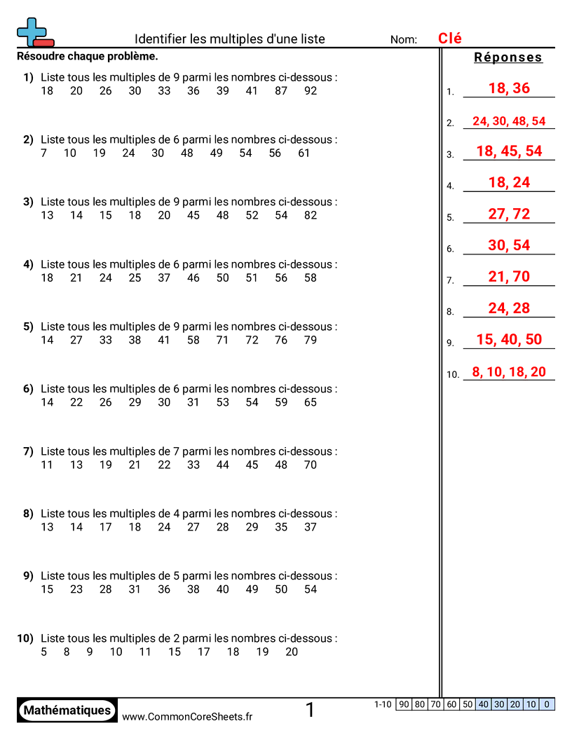 Fiches d'Exercices de Multiplications - Identifier des multiples dans une liste worksheet