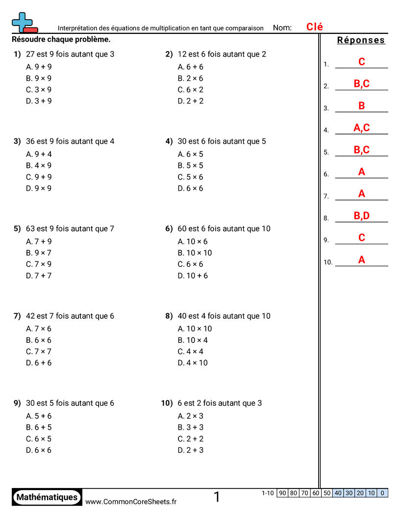 Fiches d'Exercices sur le placement de virgule d'un nombre décimal - Interpréter des équations de multiplication comme une comparaison worksheet