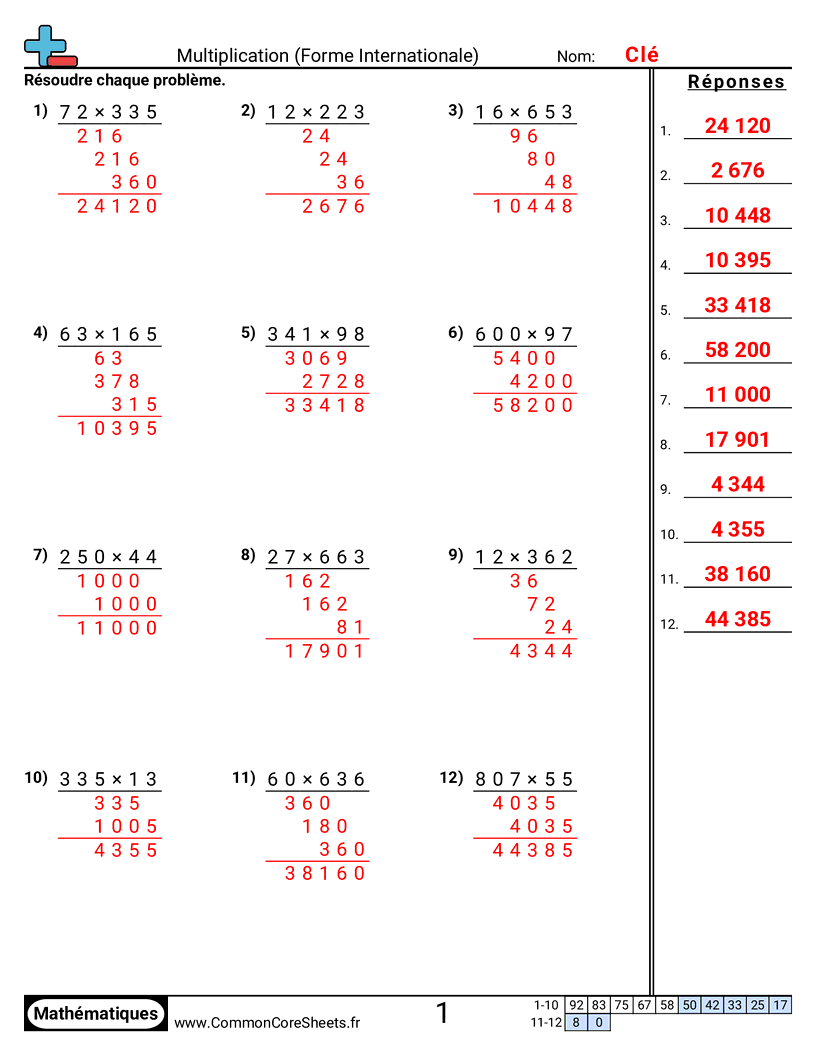 Fiches d'Exercices de Multiplications - multiplication-style-international worksheet