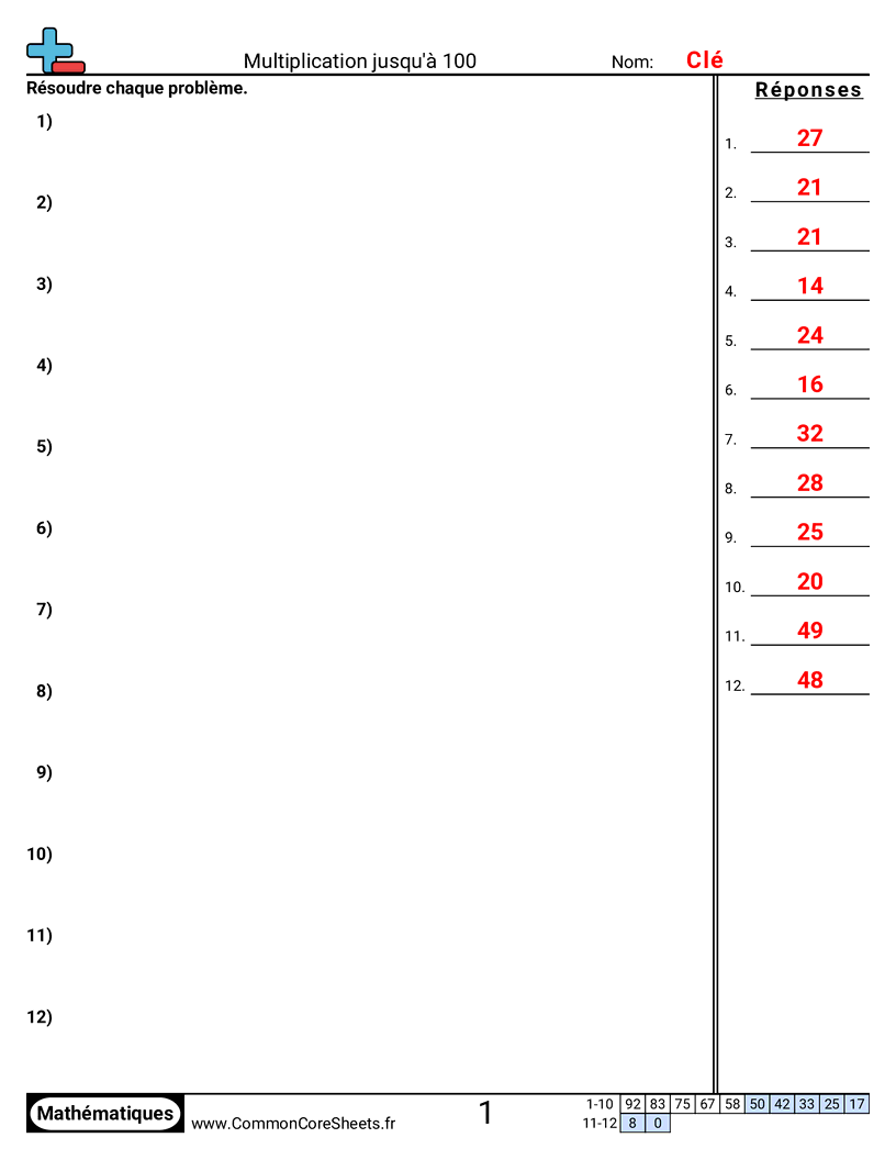 Fiches d'Exercices de Multiplications - Problèmes de multiplication jusqu’à 100 worksheet