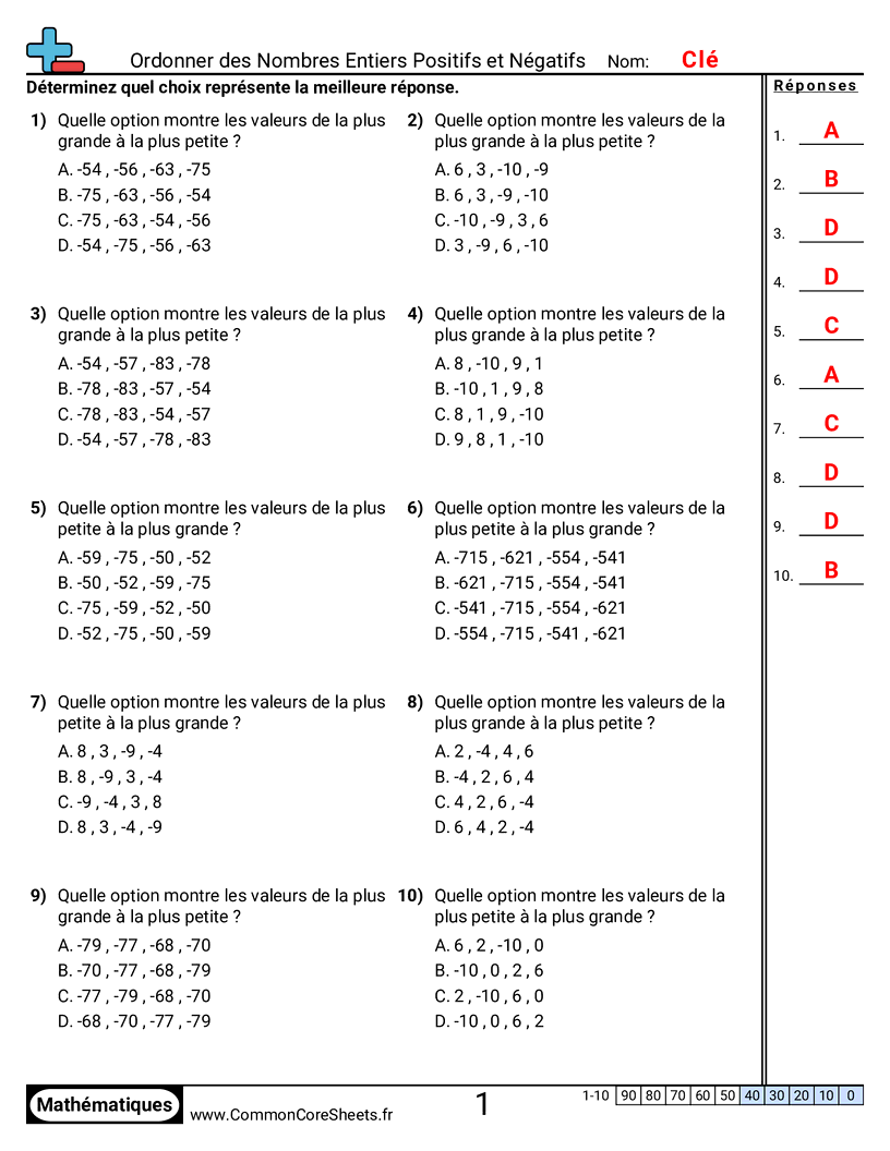 Fiches d'Exercices sur les Nombres Négatifs - Ordonner des entiers positifs et négatifs (choix multiple) worksheet