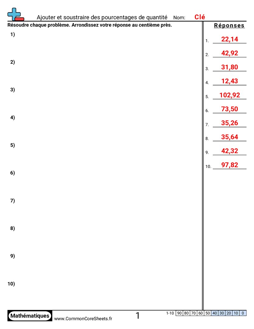 Fiches d'Exercices sur les Pourcentages - Additionner et soustraire des pourcentages d’une quantité worksheet