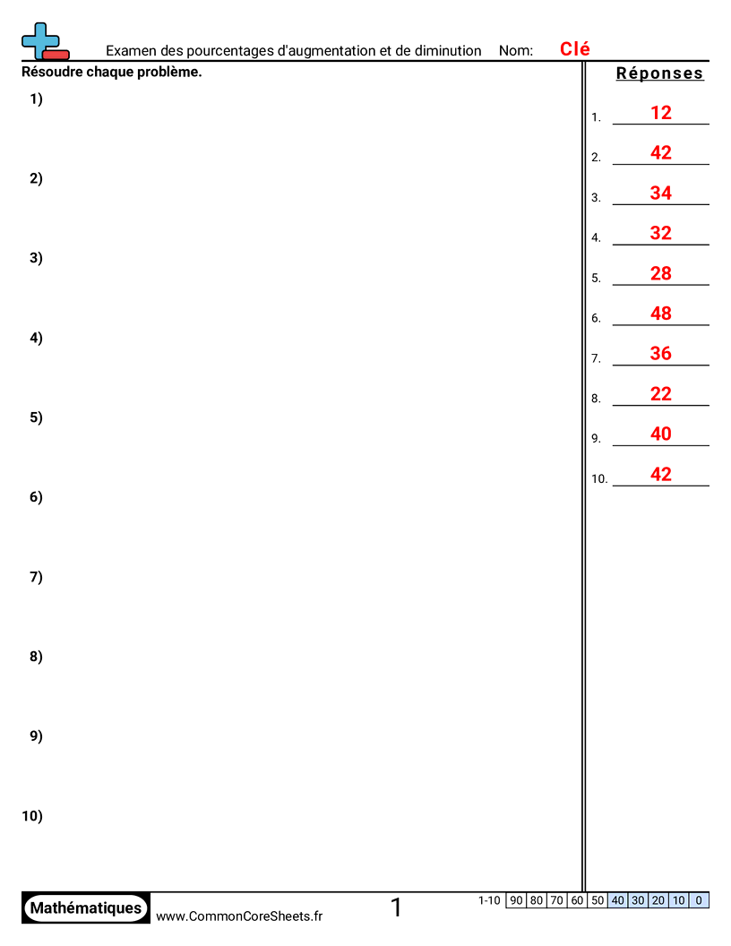 Fiches d'Exercices sur les Pourcentages - Étudier l’augmentation et la diminution en pourcentage worksheet