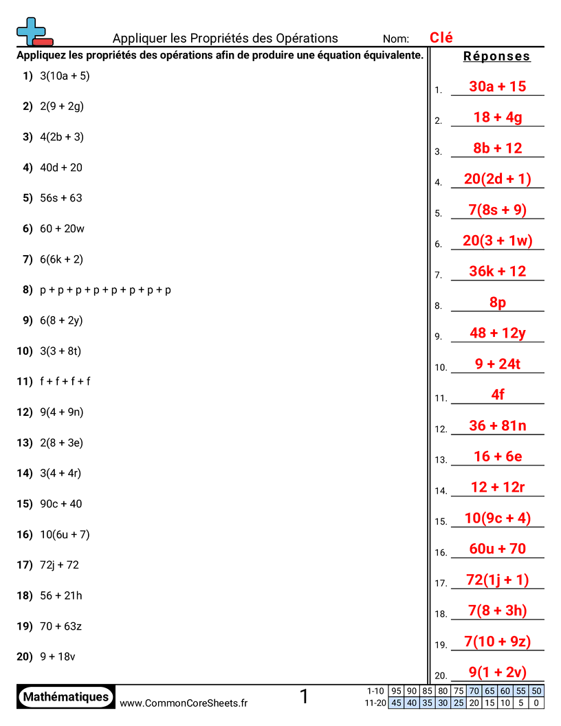Fiches d'Exercices sur les Propriétés - appliquer-les-proprietes-des-operations worksheet