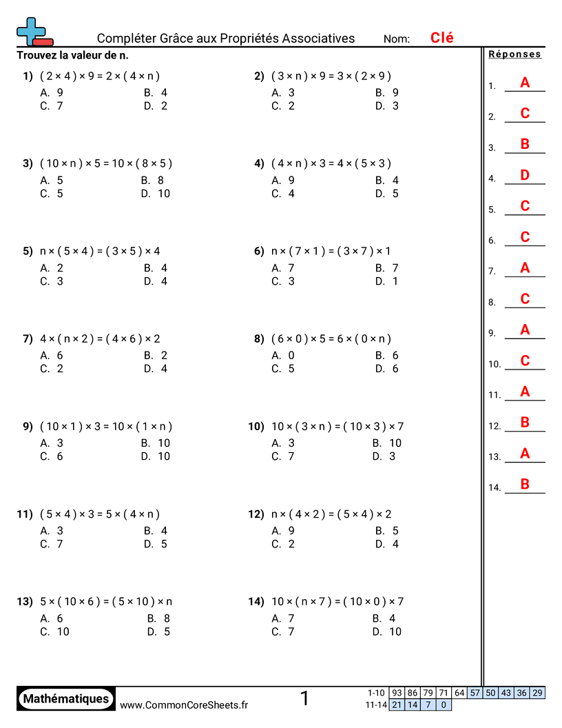 Fiches d'Exercices sur les Propriétés - completer-la-propriete-associative worksheet