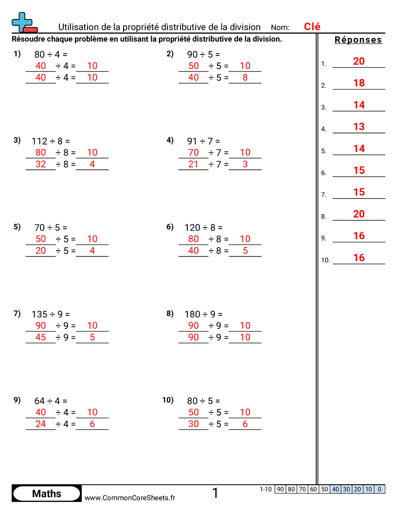 Fiches d'Exercices sur les Propriétés - utiliser-la-propriete-distributive-de-la-division worksheet