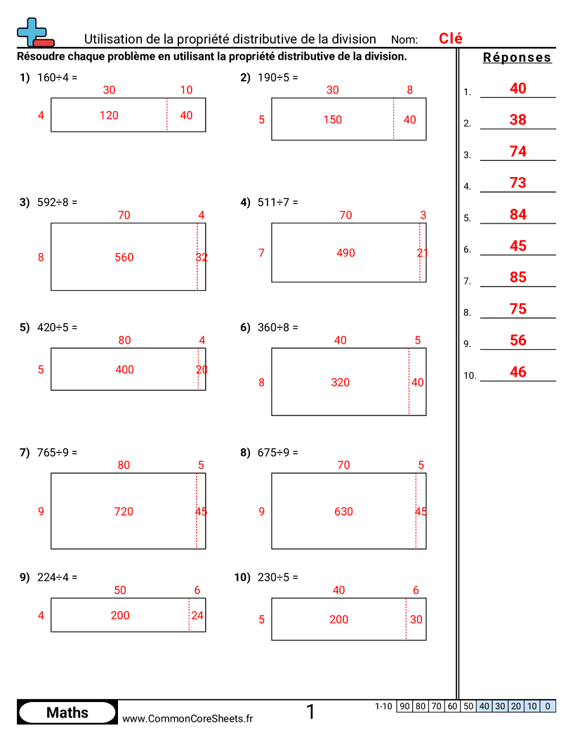 Fiches d'Exercices sur les Propriétés - utiliser-la-propriete-distributive-de-la-division-avec-tableau worksheet