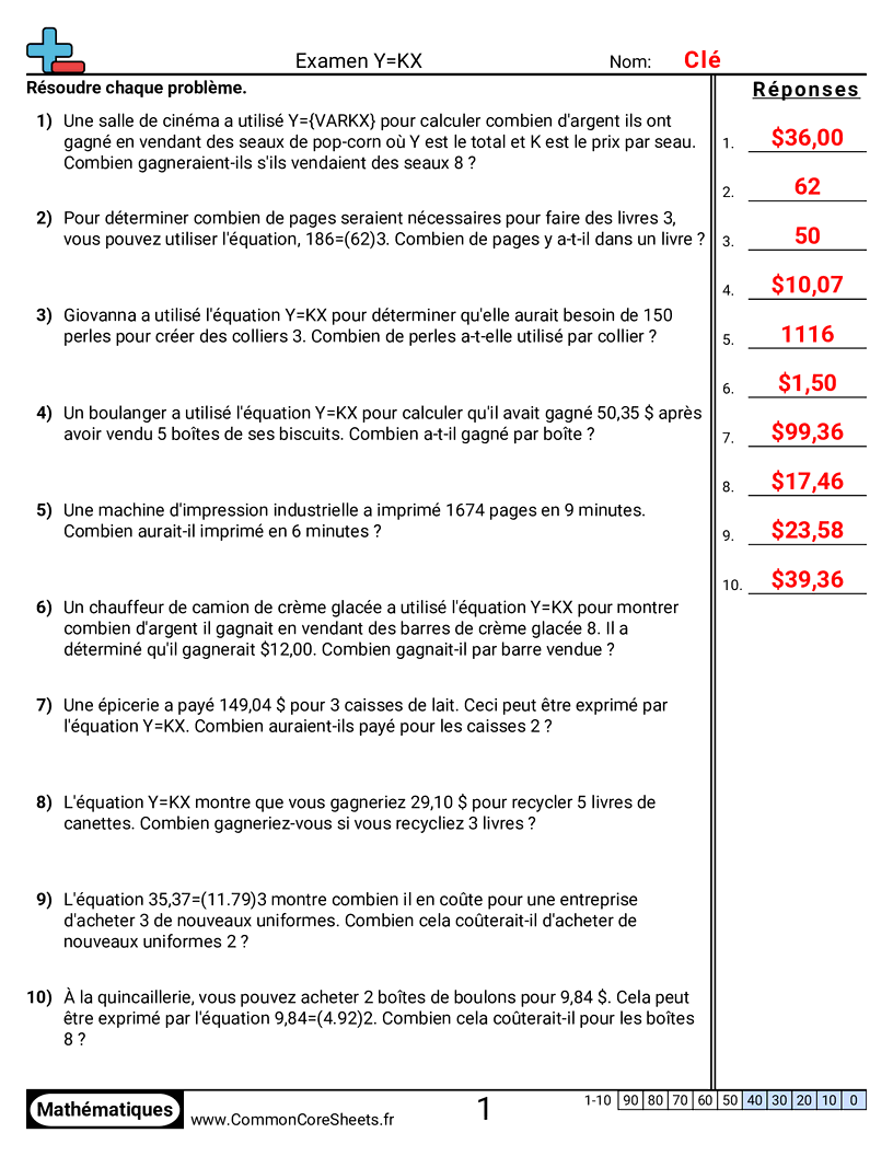 Fiches d'Exercices sur les Ratios - Étudier y = kx worksheet