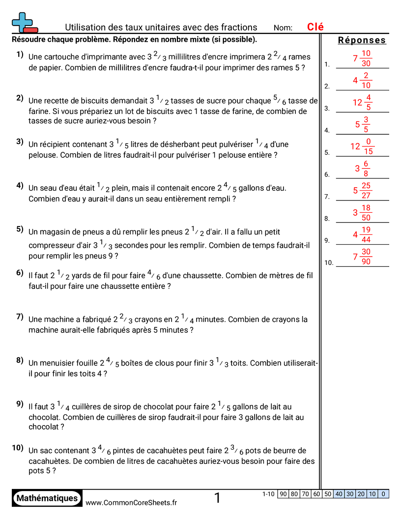Fiches d'Exercices sur les Ratios - Utiliser des taux unitaires avec des fractions worksheet