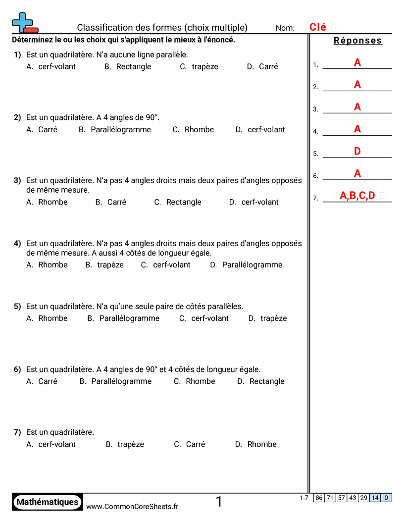 Fiches d'Exercices sur les Figures - Classer des formes (choix multiple) worksheet