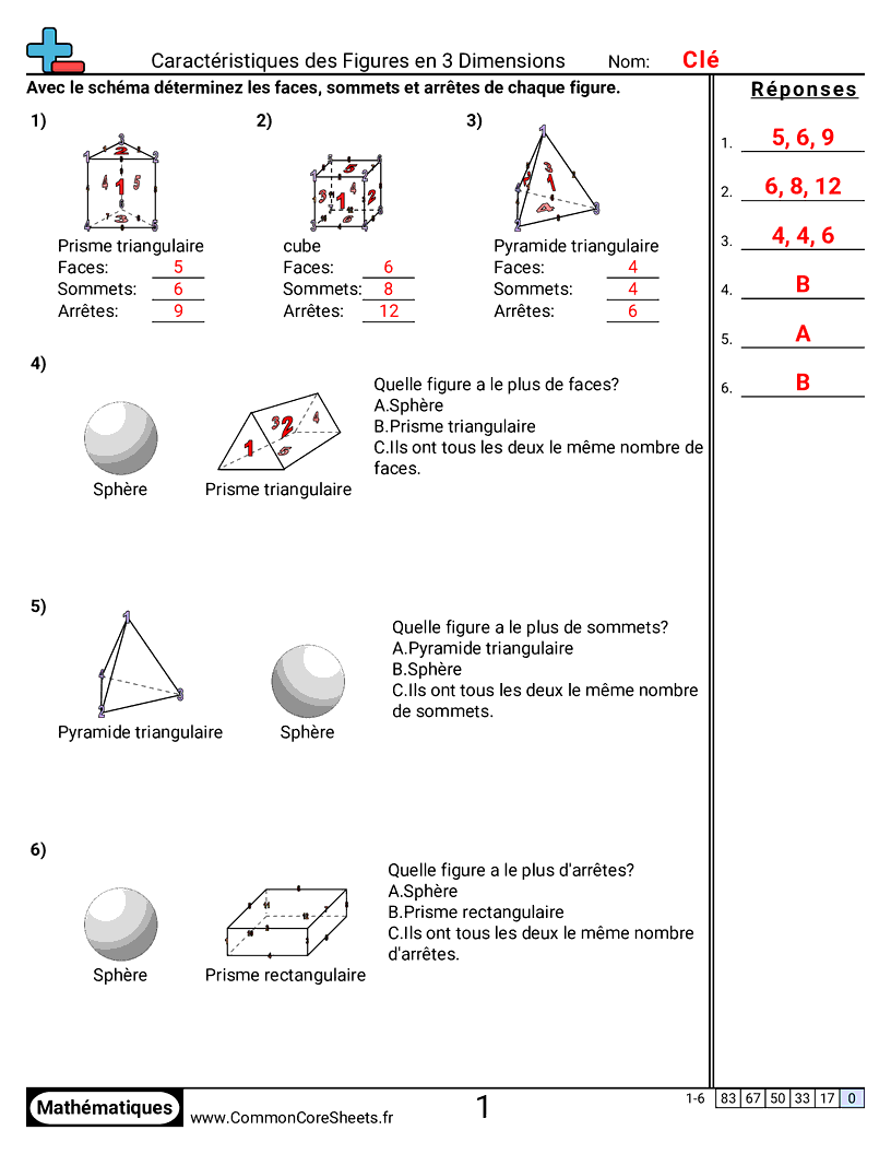 Fiches d'Exercices sur les Figures - Caractéristiques des solides 3D worksheet