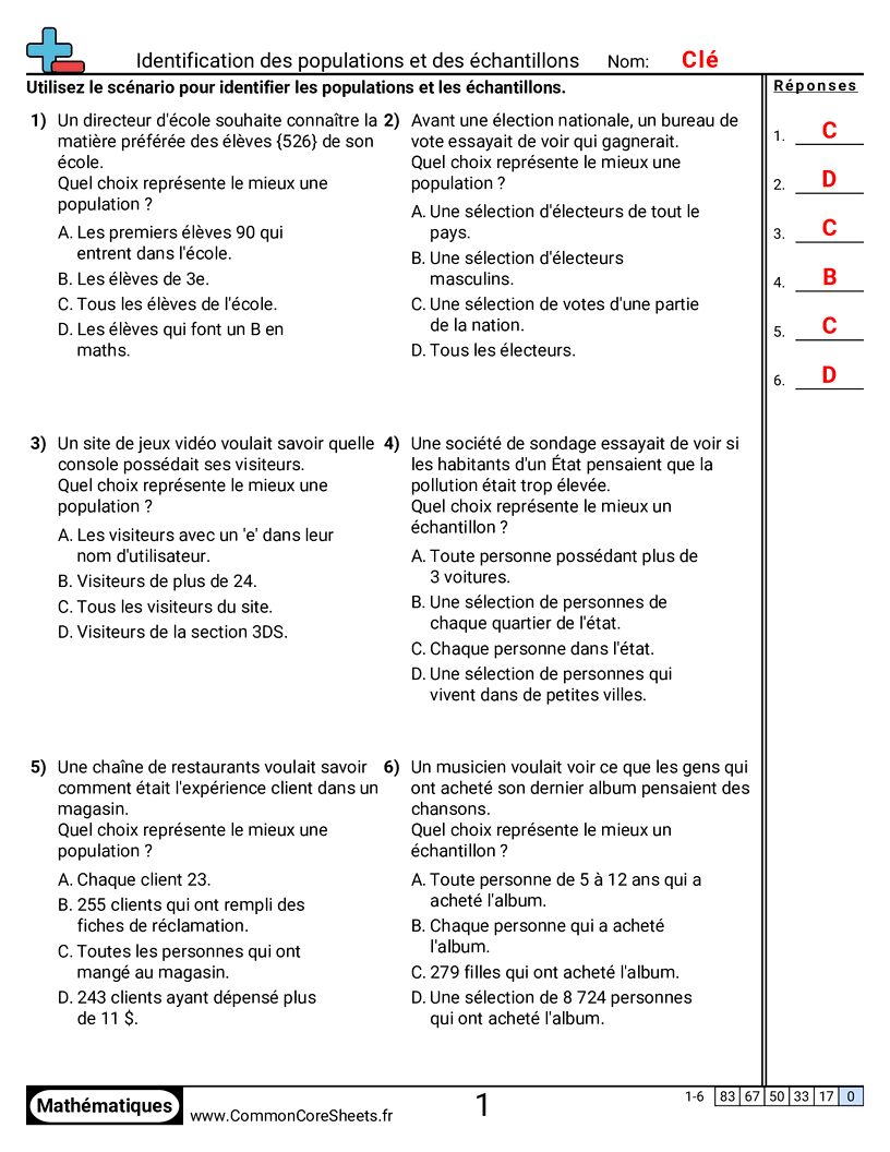 Fiches d'Exercices sur les Statistiques - identifier-populations-et-echantillons worksheet