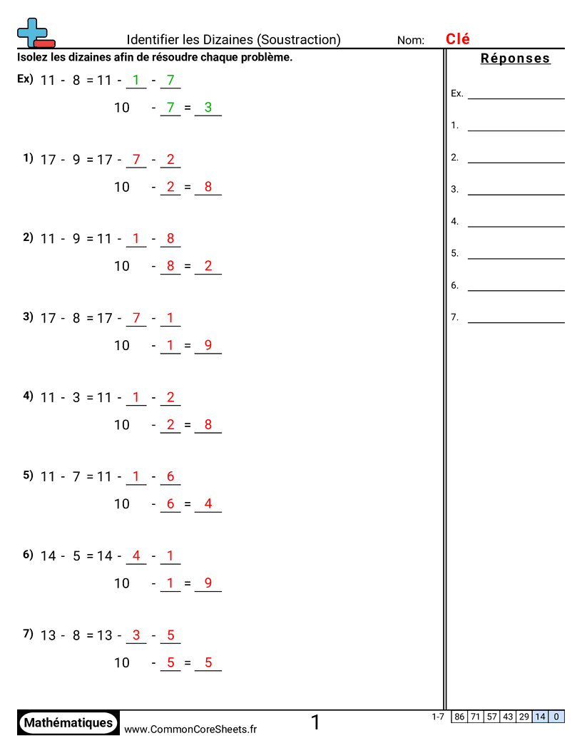 Fiches d'Exercices de Soustractions - former-des-dizaines worksheet