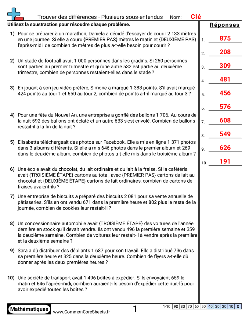Fiches d'Exercices de Soustractions - plusieurs-soustraits worksheet