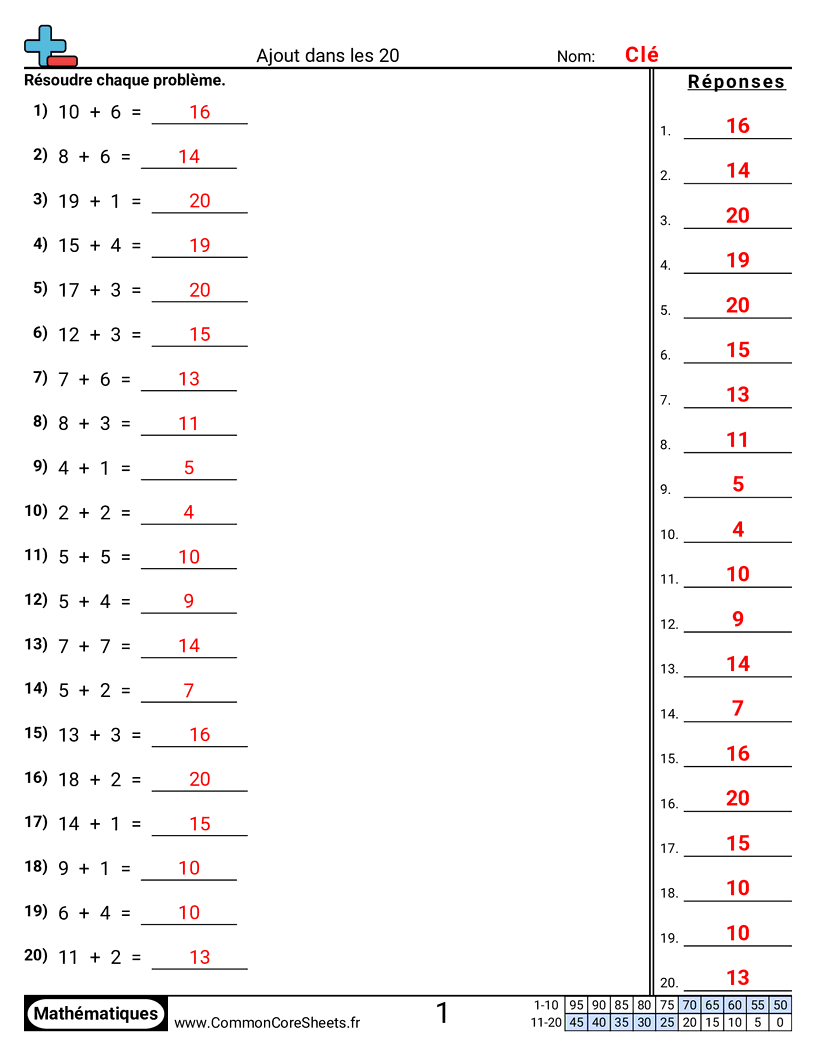 Fiches d'Exercices d'Additions - Additionner jusqu’à 20 (horizontal) worksheet