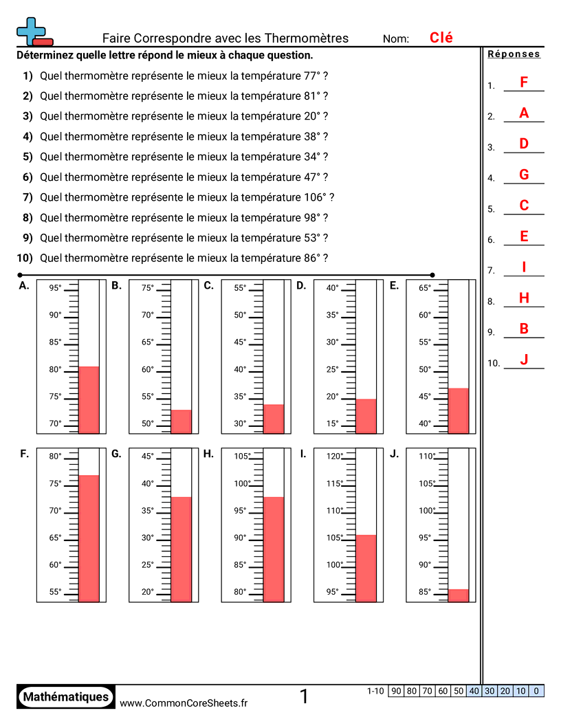 Fiches d'Exercices sur la Température - Associer des thermomètres worksheet