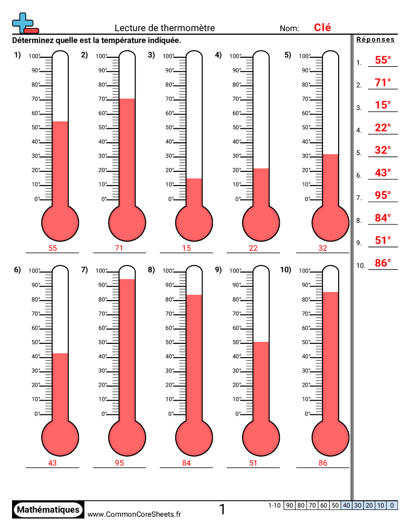 Fiches d'Exercices sur la Température - 0° - 100° (dizaines indiquées) worksheet